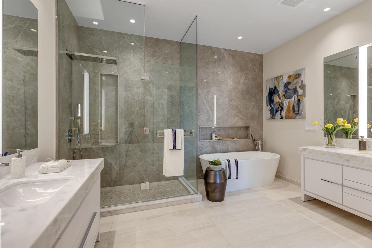 Bathroom, Dual Sink Vanities, Free Standing Baths, Glass Shower, Interior, Recessed Lighting