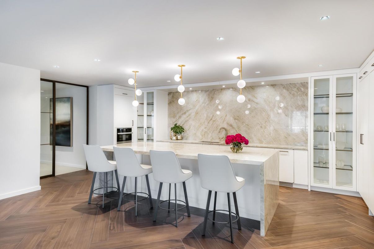 Interior, Kitchen, Marble Walls, Pendant Lights, Recessed Lighting, Wood Texture Flooring