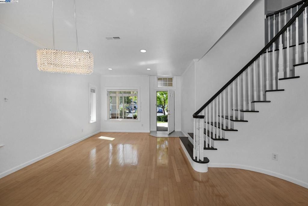 Chandelier, Empty room, Interior, Recessed Lighting, Wood Texture Flooring