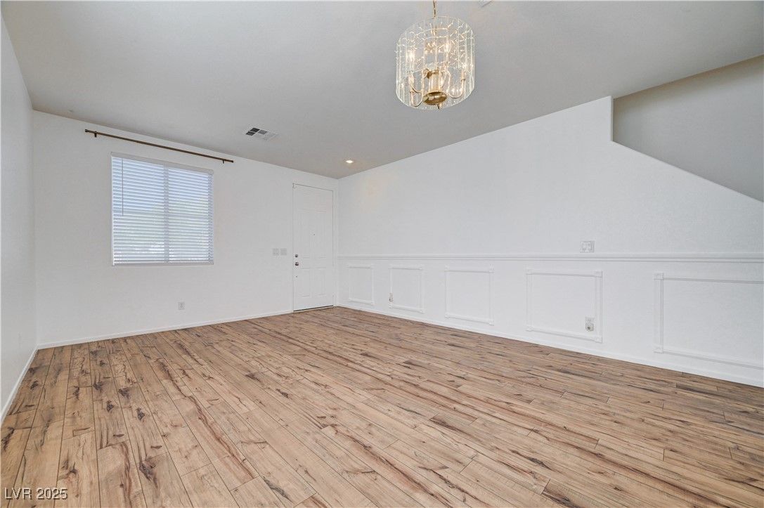 Chandelier, Empty room, Interior, Recessed Lighting, Wood Texture Flooring