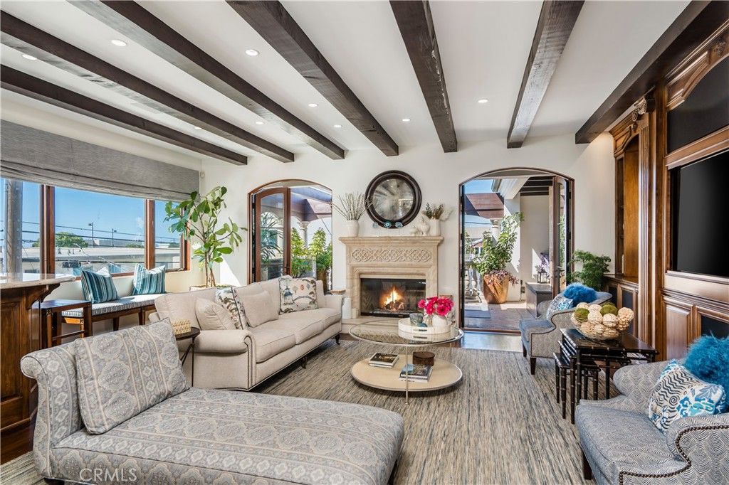 Fireplace, Interior, Living room, Recessed Lighting, Wooden Beams, Wood Texture Flooring