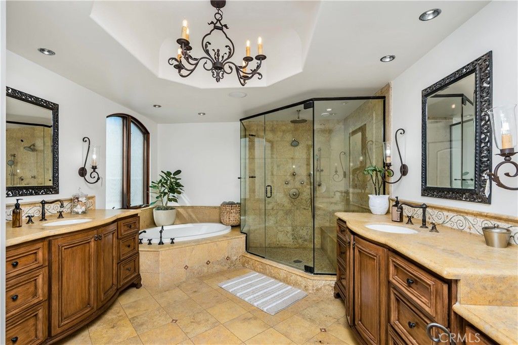 Bathroom, Chandelier, Dual Sink Vanities, Glass Shower, Interior, Recessed Lighting