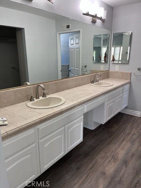 Bathroom, Dual Sink Vanities, Interior, Tile Countertops, Wood Texture Flooring