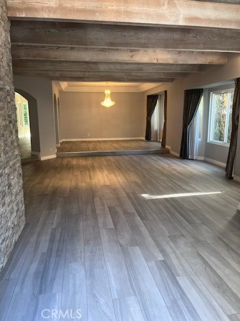 Empty room, Interior, Pendant Lights, Wooden Beams, Wood Texture Flooring