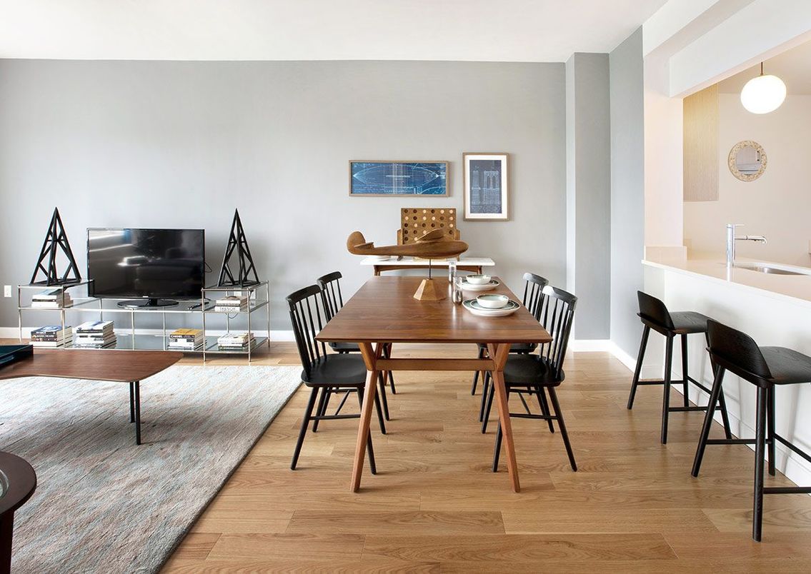 Dining room, Interior, Pendant Lights, Wood Texture Flooring