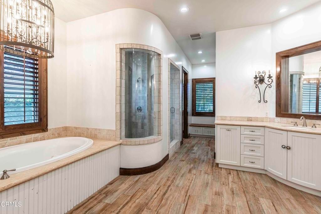 Bathroom, Glass Shower, Interior, Recessed Lighting, Wood Texture Flooring