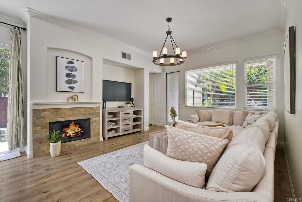 Fireplace, Interior, Living room, Pendant Lights, Wood Texture Flooring