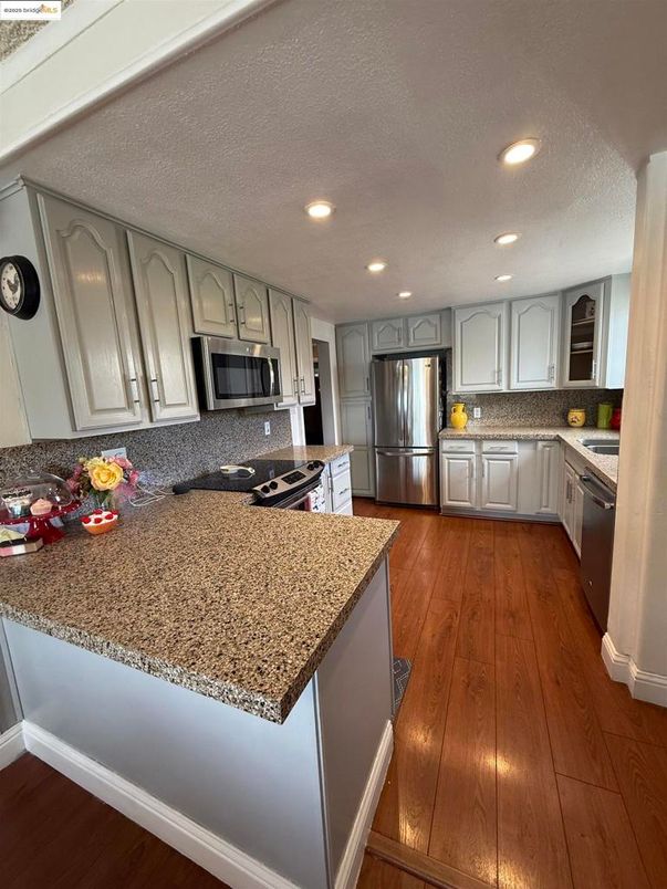 Interior, Kitchen, Recessed Lighting, Stainless Steel Appliances, Wood Texture Flooring