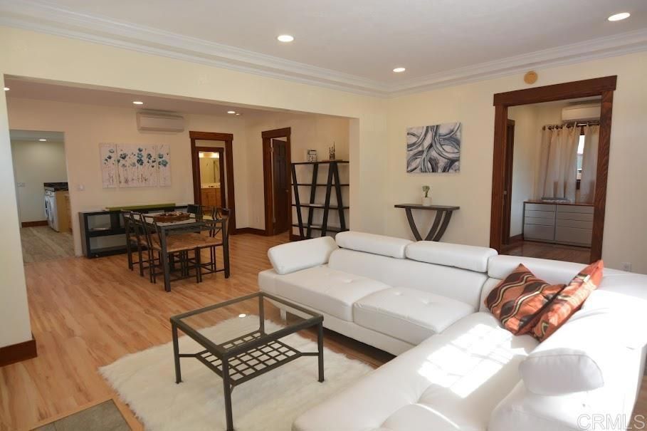 Dining room, Interior, Living room, Recessed Lighting, Wood Texture Flooring