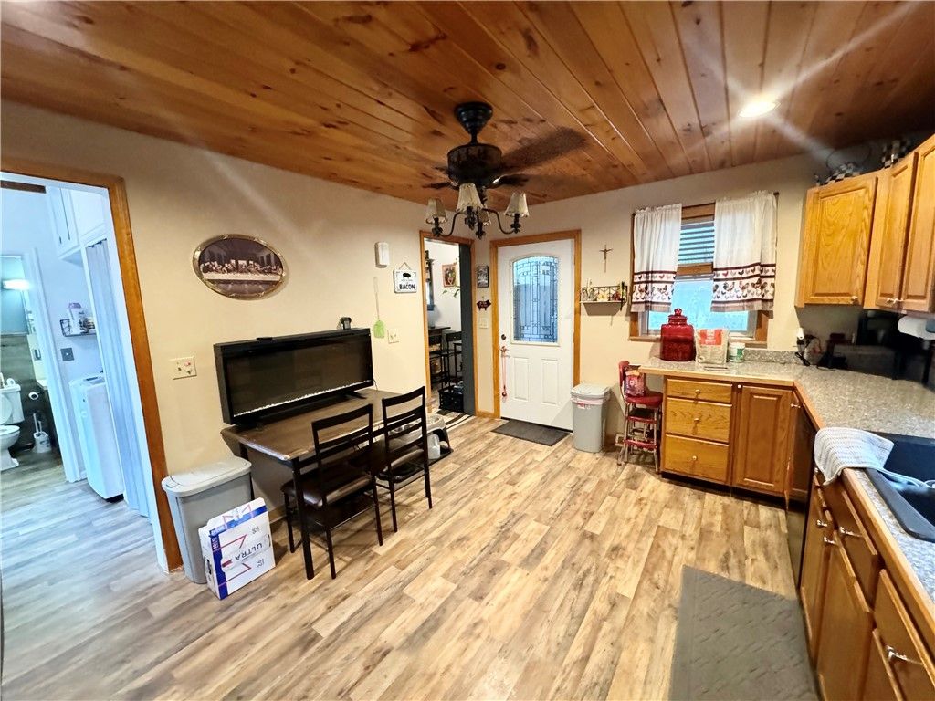 Dining room, Interior, Kitchen, Recessed Lighting, Wooden Ceilings, Wood Texture Flooring