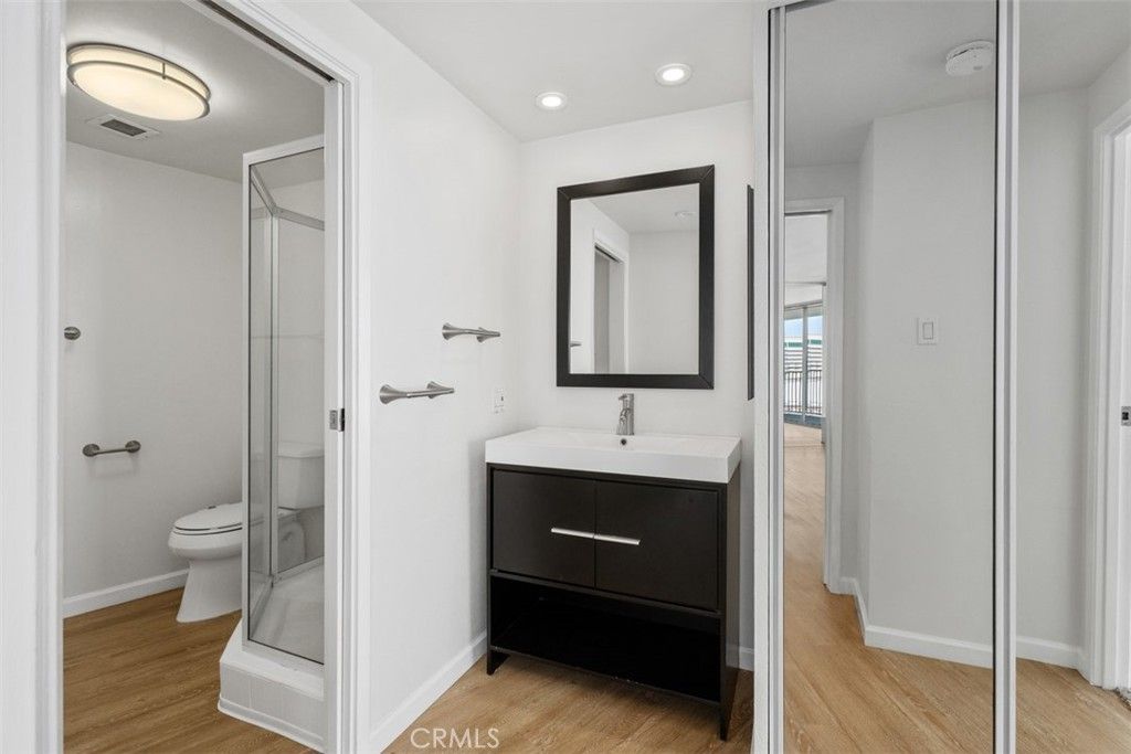 Bathroom, Glass Shower, Interior, Recessed Lighting, Wood Texture Flooring