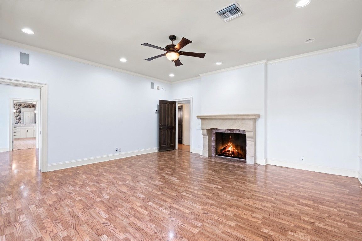 Empty room, Fireplace, Interior, Recessed Lighting, Wood Texture Flooring