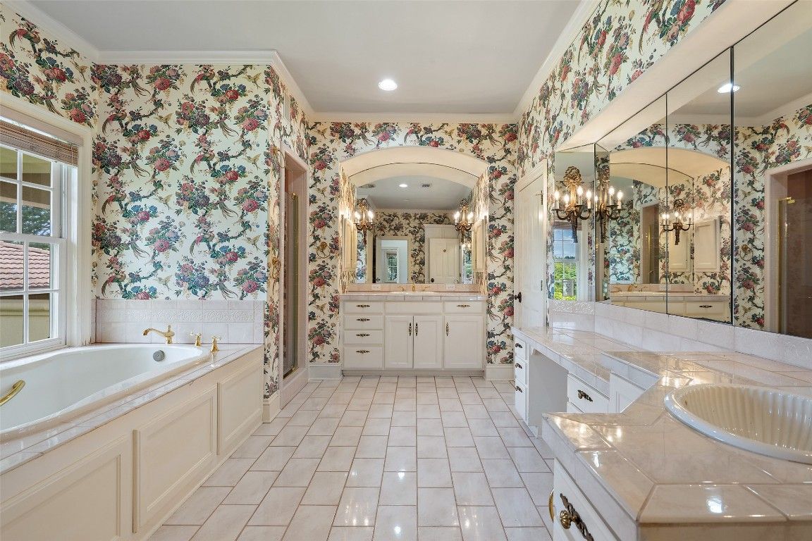 Bathroom, Dual Sink Vanities, Interior, Recessed Lighting, Tile Countertops