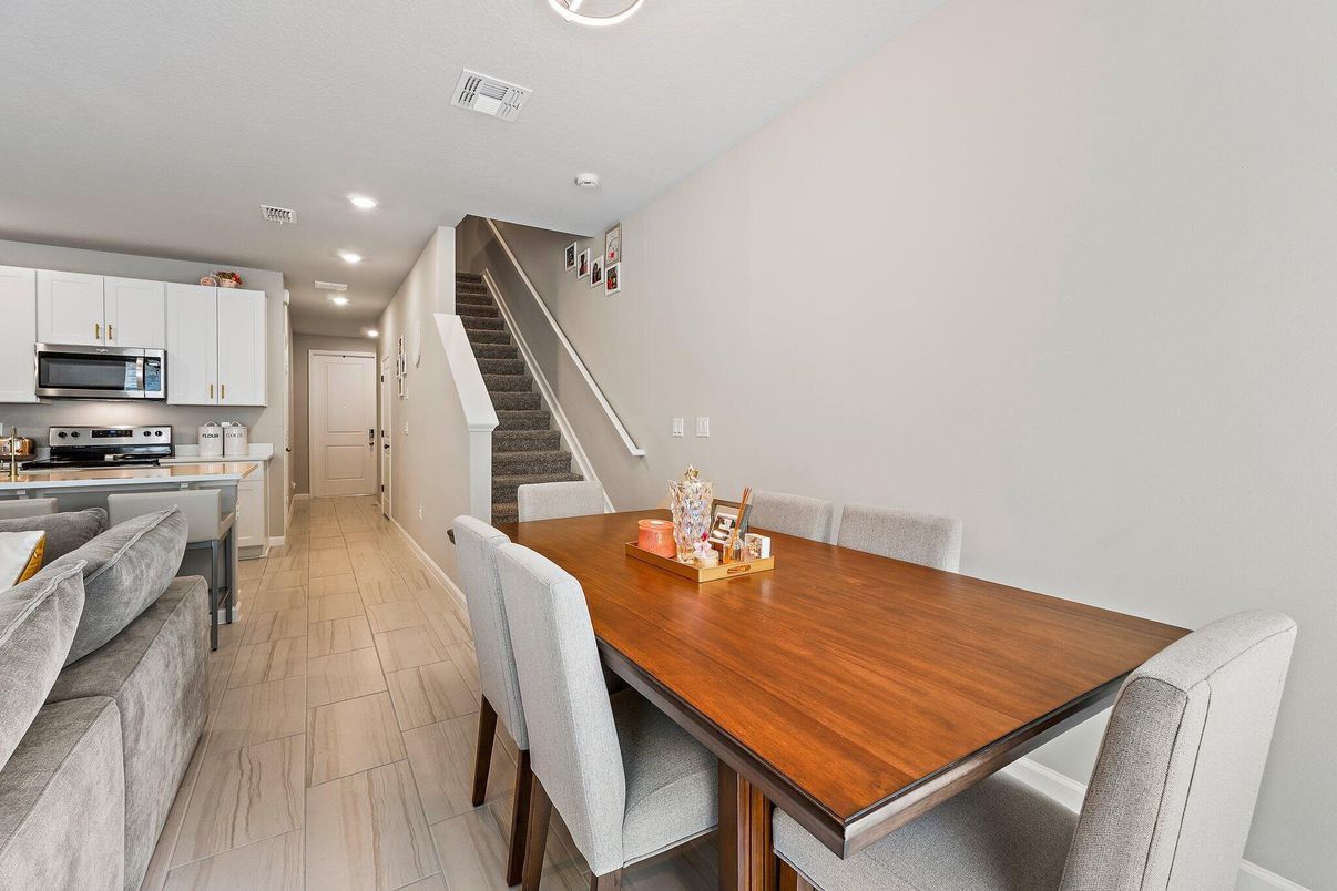Dining room, Interior, Kitchen, Recessed Lighting, Stainless Steel Appliances, Wood Texture Flooring