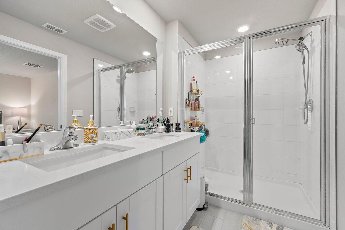 Bathroom, Dual Sink Vanities, Glass Shower, Interior, Recessed Lighting