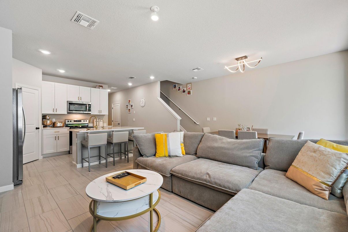 Dining room, Interior, Kitchen, Living room, Recessed Lighting, Stainless Steel Appliances, Wood Texture Flooring
