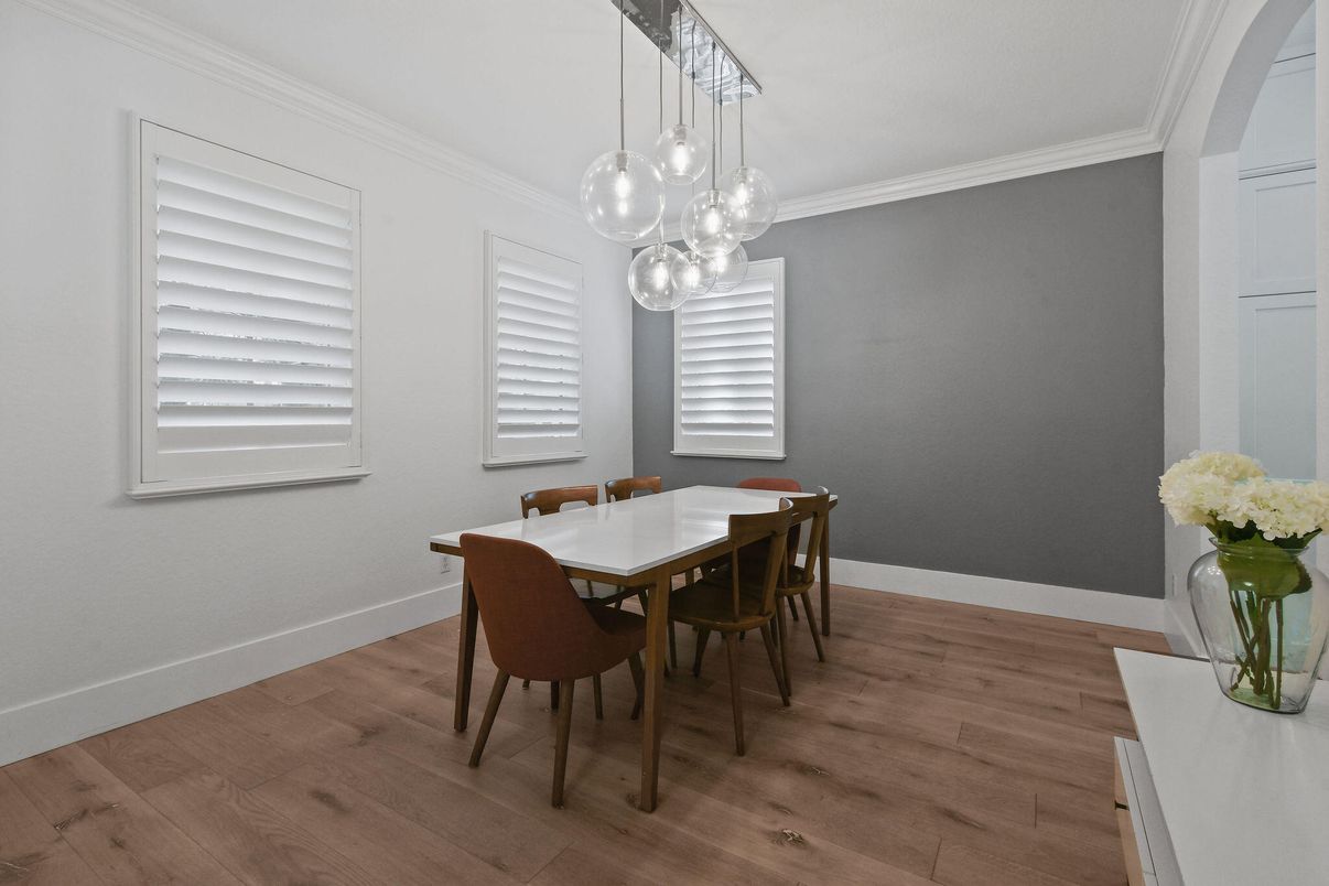Dining room, Interior, Pendant Lights, Wood Texture Flooring