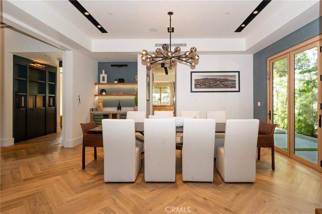 Dining room, Interior, Pendant Lights, Recessed Lighting, Wood Texture Flooring