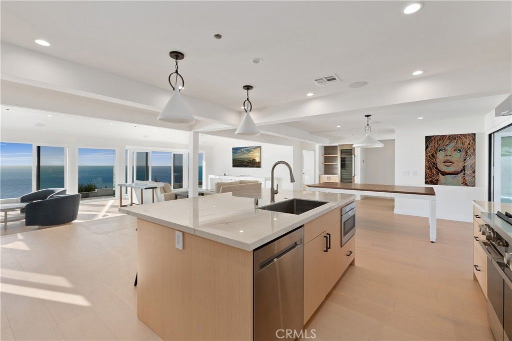 Interior, Kitchen, Living room, Pendant Lights, Recessed Lighting, Stainless Steel Appliances, Water, Wood Texture Flooring