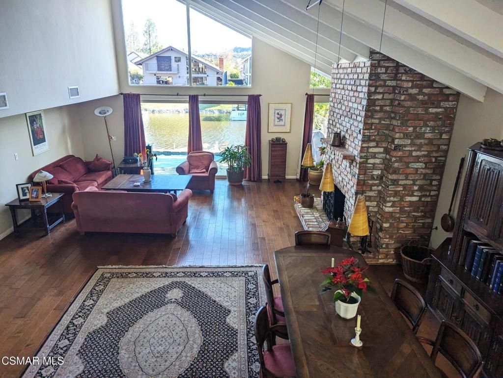 Fireplace, Interior, Living room, Pendant Lights, Stone Walls, Wood Texture Flooring