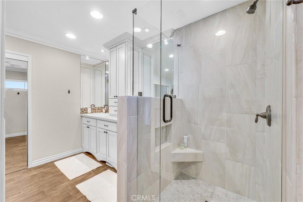 Bathroom, Glass Shower, Interior, Recessed Lighting, Wood Texture Flooring