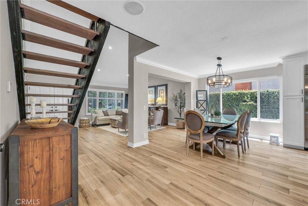 Chandelier, Dining room, Interior, Living room, Recessed Lighting, Wooden Beams, Wood Texture Flooring