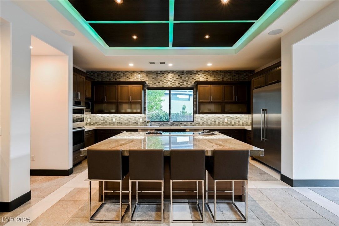 Interior, Kitchen, Recessed Lighting, Stainless Steel Appliances, Stone Walls