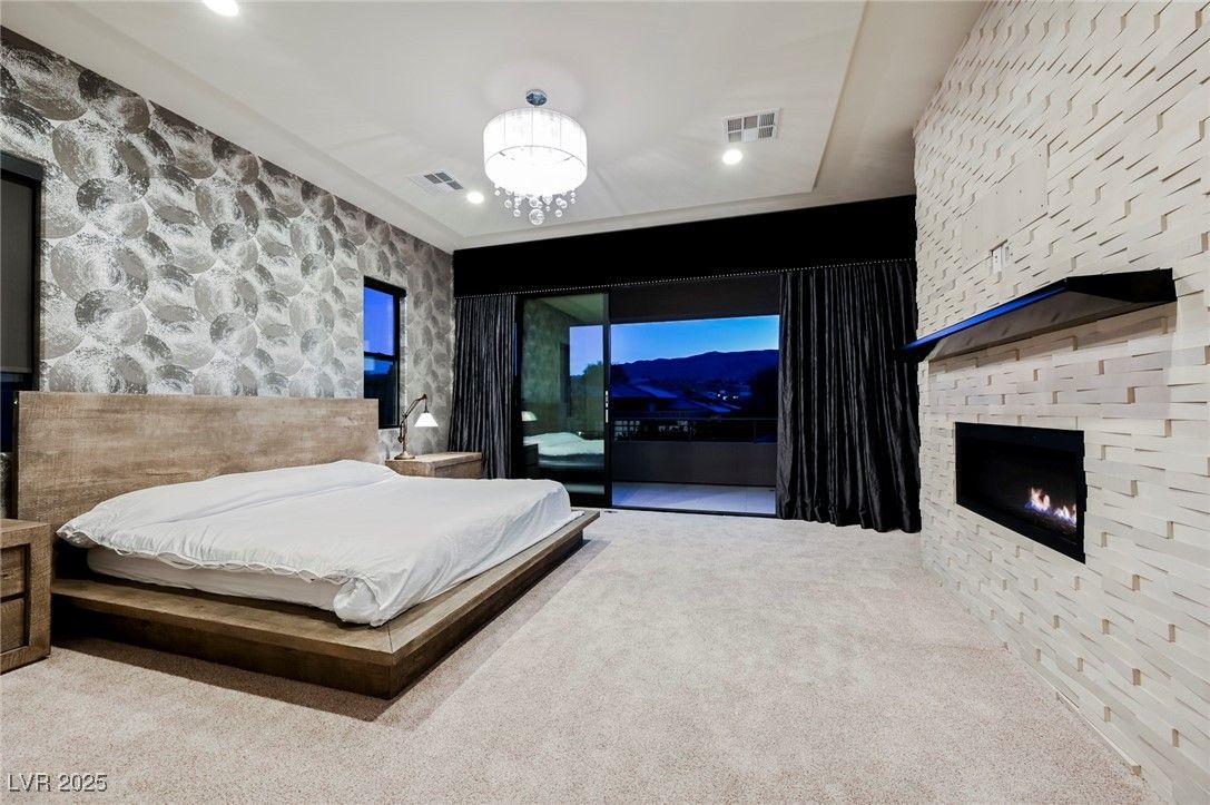 Bedroom, Fireplace, Interior, Recessed Lighting, Stone Walls