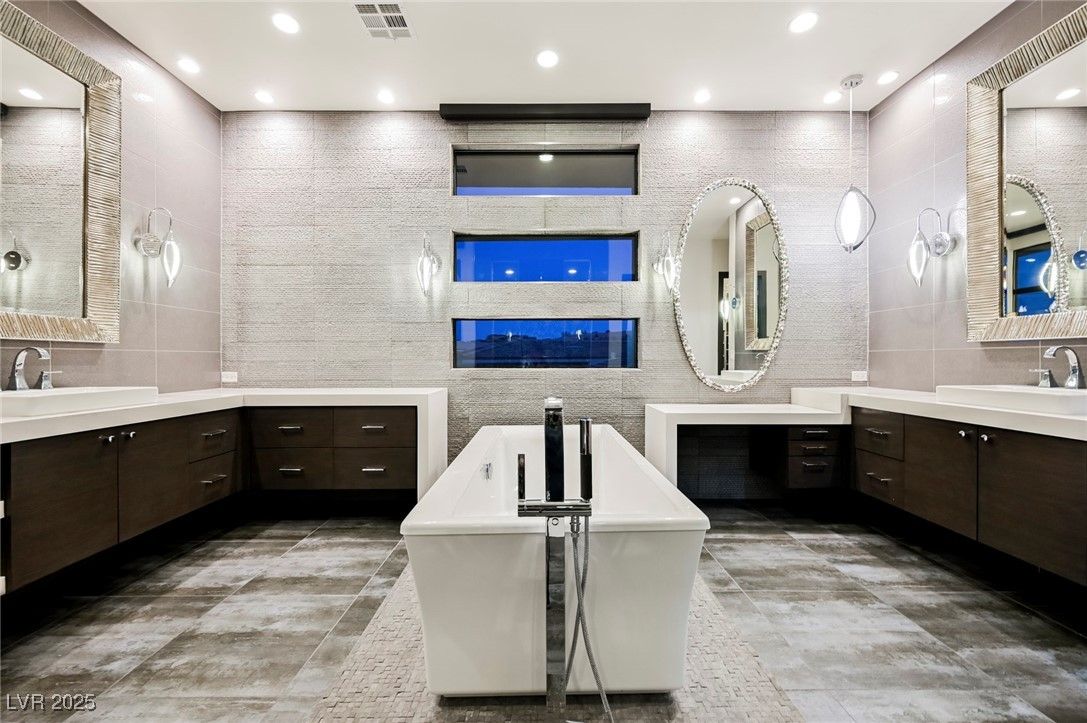 Bathroom, Dual Sink Vanities, Fireplace, Interior, Recessed Lighting