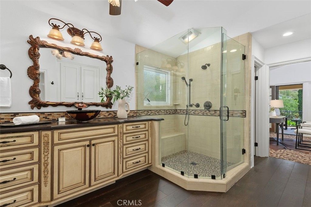 Bathroom, Glass Shower, Interior, Recessed Lighting, Wood Texture Flooring