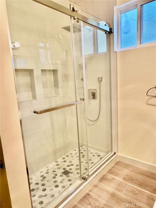 Bathroom, Glass Shower, Interior, Wood Texture Flooring