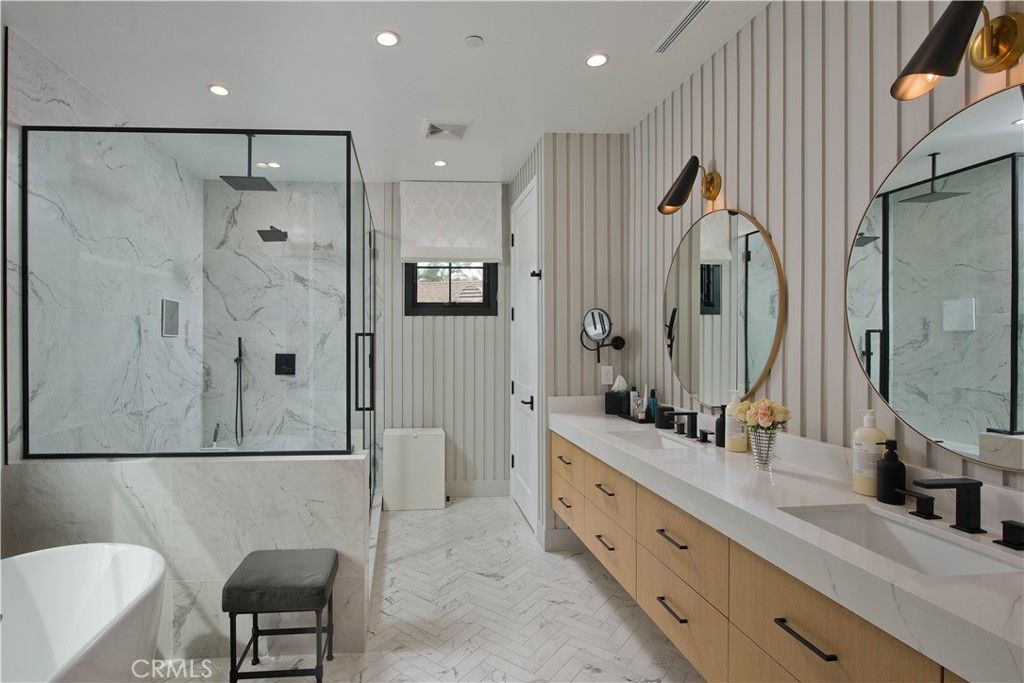 Bathroom, Dual Sink Vanities, Glass Shower, Interior, Marble, Marble Walls, Recessed Lighting