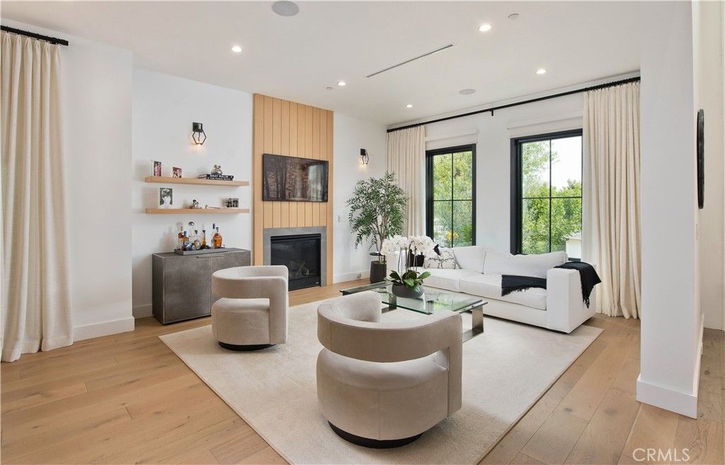 Fireplace, Interior, Living room, Recessed Lighting, Wood Texture Flooring, Wooden Walls
