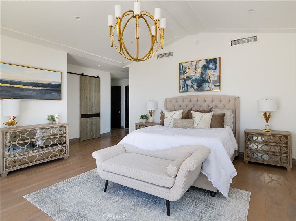 Bedroom, Chandelier, Interior, Recessed Lighting, Wood Texture Flooring