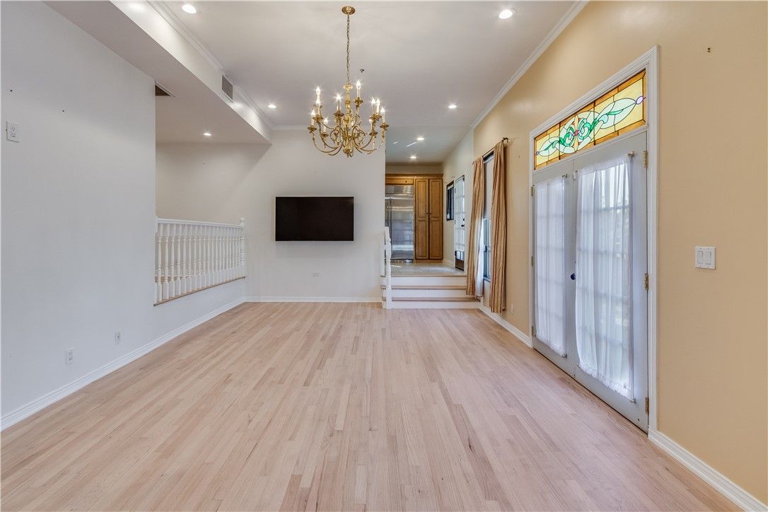 Chandelier, Empty room, Interior, Recessed Lighting, Wood Texture Flooring