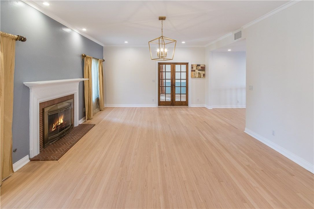 Empty room, Fireplace, Interior, Pendant Lights, Recessed Lighting, Wood Texture Flooring