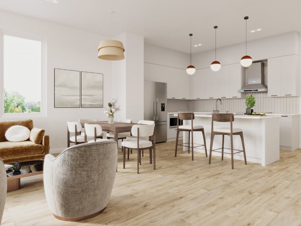 Dining room, Interior, Kitchen, Pendant Lights, Recessed Lighting, Stainless Steel Appliances, Wood Texture Flooring