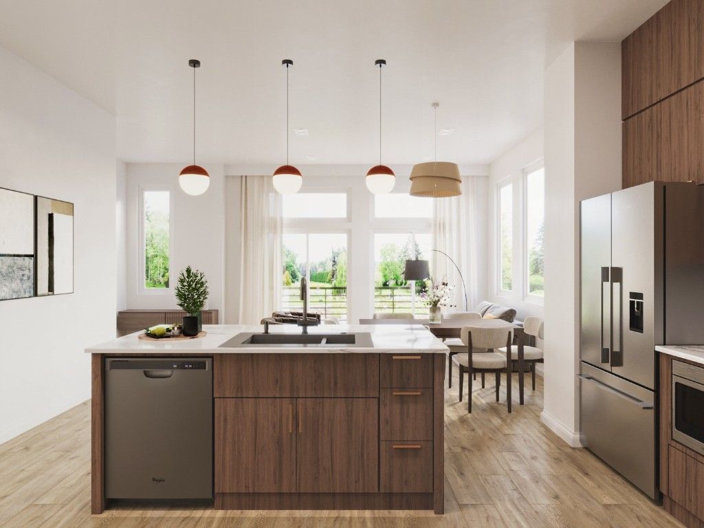Dining room, Interior, Kitchen, Pendant Lights, Stainless Steel Appliances, Wood Texture Flooring