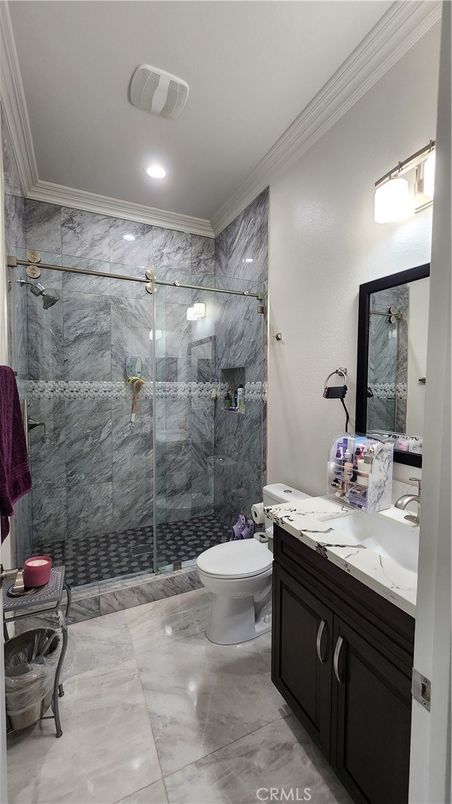 Bathroom, Glass Shower, Interior, Marble Walls, Recessed Lighting
