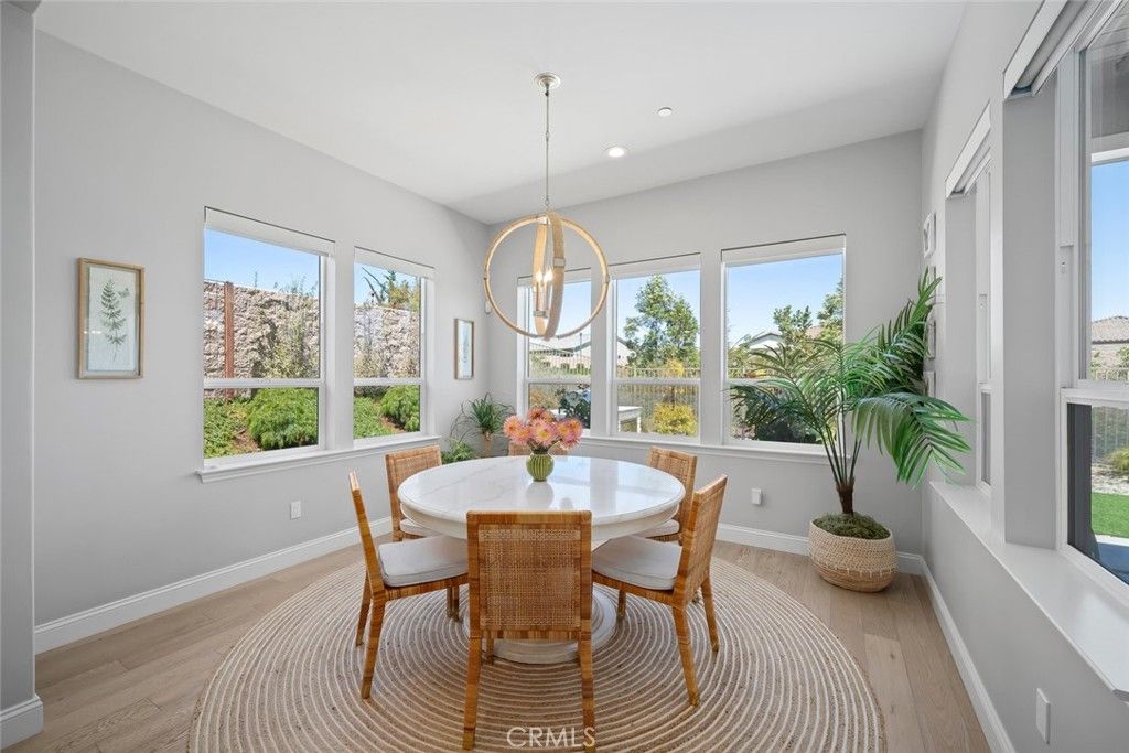 Dining room, Interior, Pendant Lights, Recessed Lighting, Wood Texture Flooring