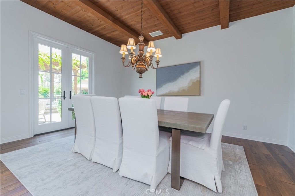 Chandelier, Dining room, Interior, Wooden Beams, Wooden Ceilings, Wood Texture Flooring