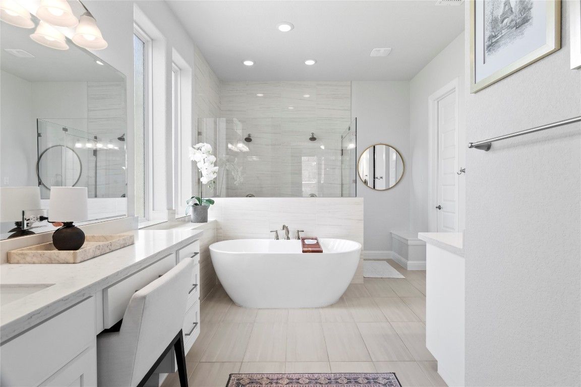 Bathroom, Free Standing Baths, Glass Shower, Interior, Recessed Lighting