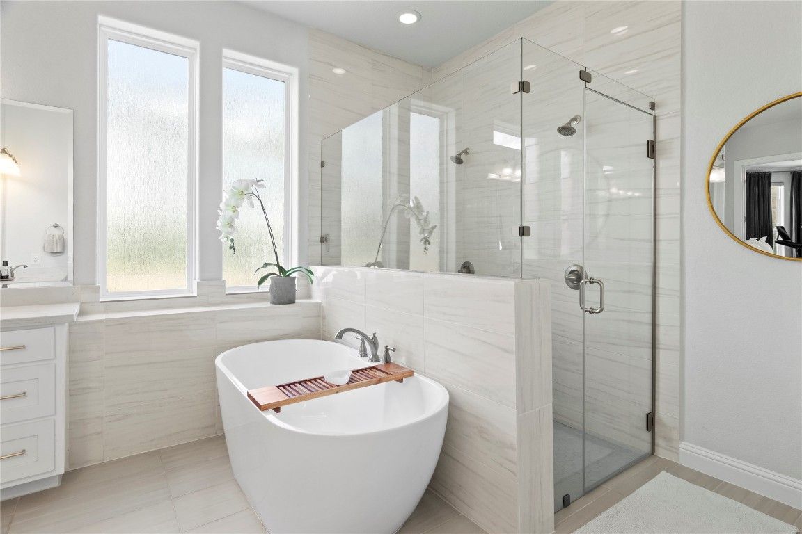Bathroom, Free Standing Baths, Glass Shower, Interior, Recessed Lighting