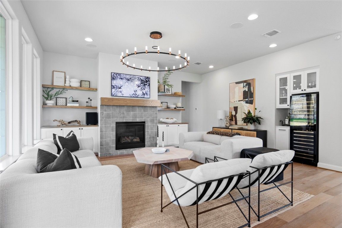 Fireplace, Interior, Living room, Recessed Lighting, Wood Texture Flooring