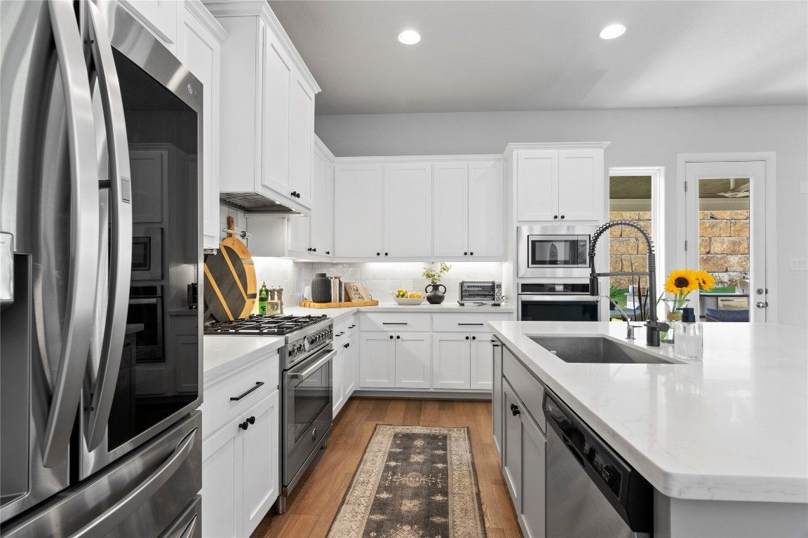 Interior, Kitchen, Recessed Lighting, Stainless Steel Appliances, Wood Texture Flooring