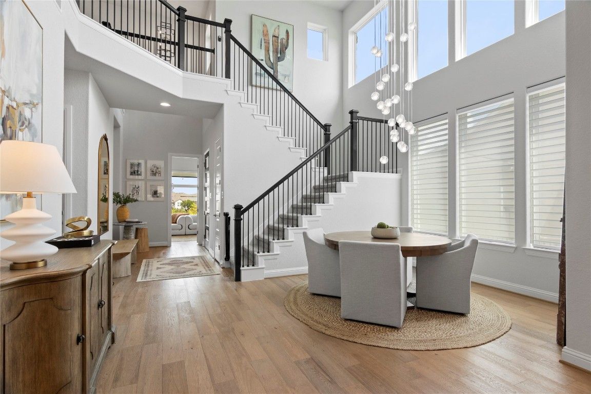 Dining room, Interior, Pendant Lights, Wood Texture Flooring