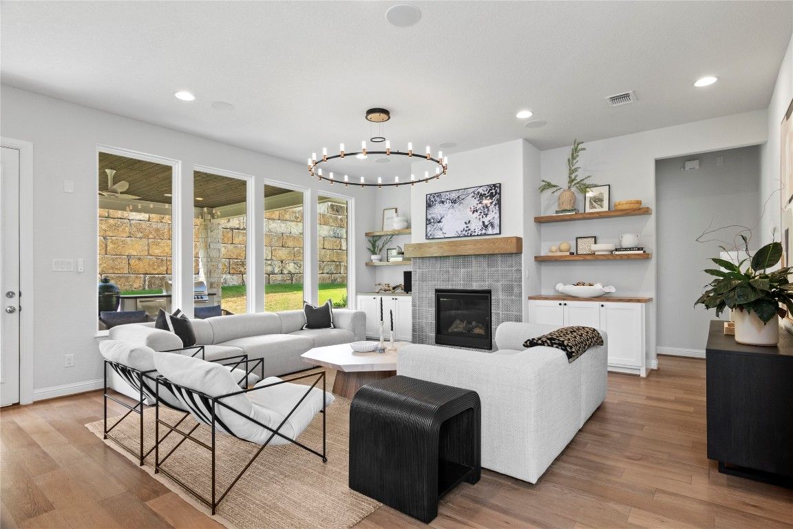 Fireplace, Interior, Living room, Pendant Lights, Recessed Lighting, Wood Texture Flooring