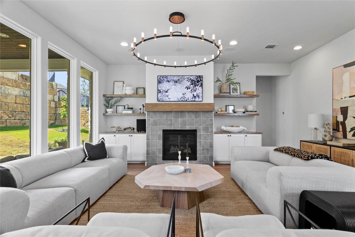 Fireplace, Interior, Living room, Recessed Lighting, Wood Texture Flooring