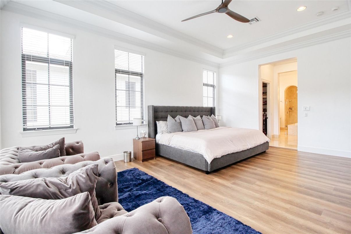 Bedroom, Interior, Recessed Lighting, Wood Texture Flooring