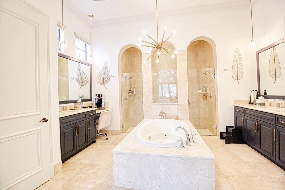Bathroom, Dual Sink Vanities, Glass Shower, Interior, Pendant Lights